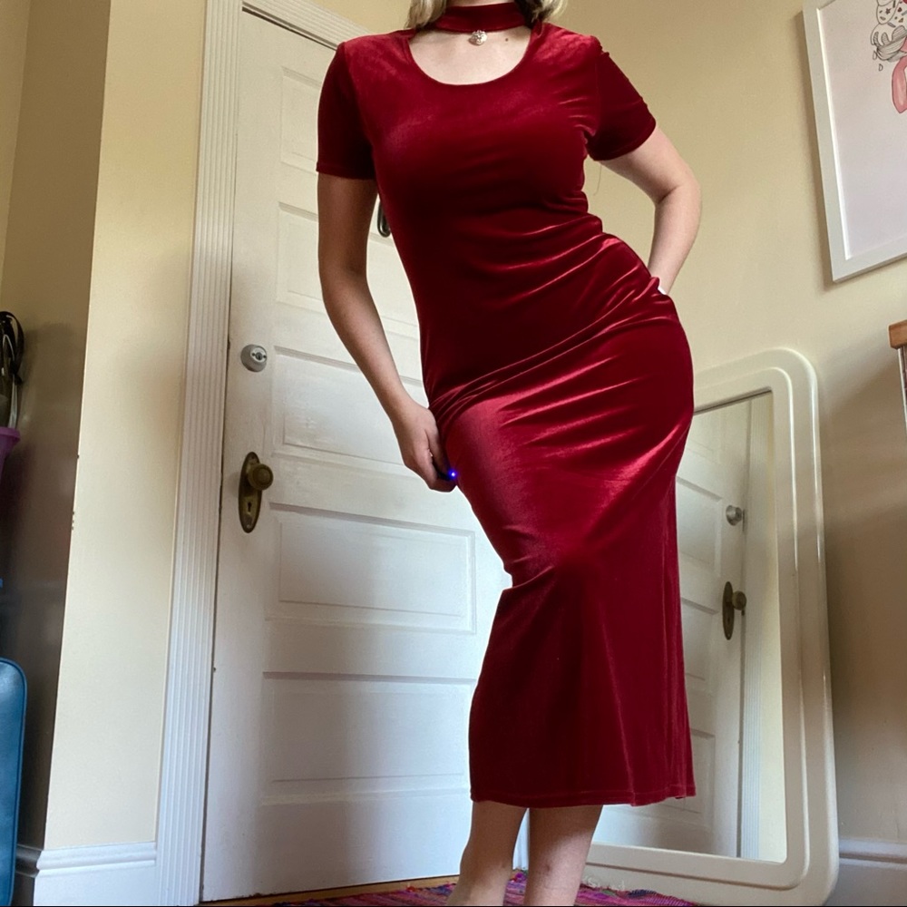 Fashion Bug Red Velvet Choker Maxi Dress